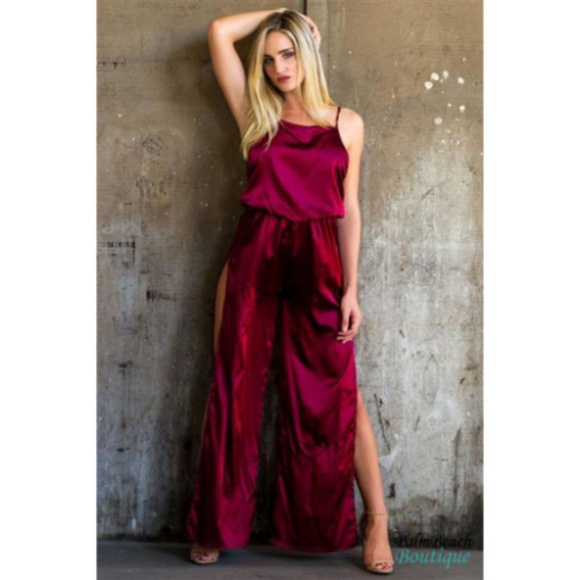 burgundy satin jumpsuit